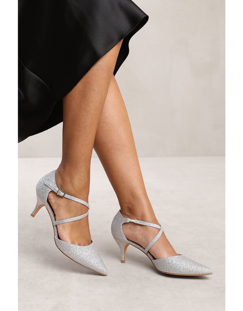 SEANEY LOW KITTEN HEEL WITH CROSSOVER STRAP IN SILVER GLITTER
