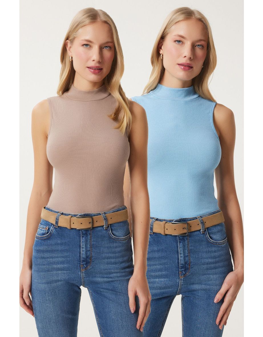 Women's Sky Blue Beige Turtleneck Sleeveless 2-Pack Knitted Blouse