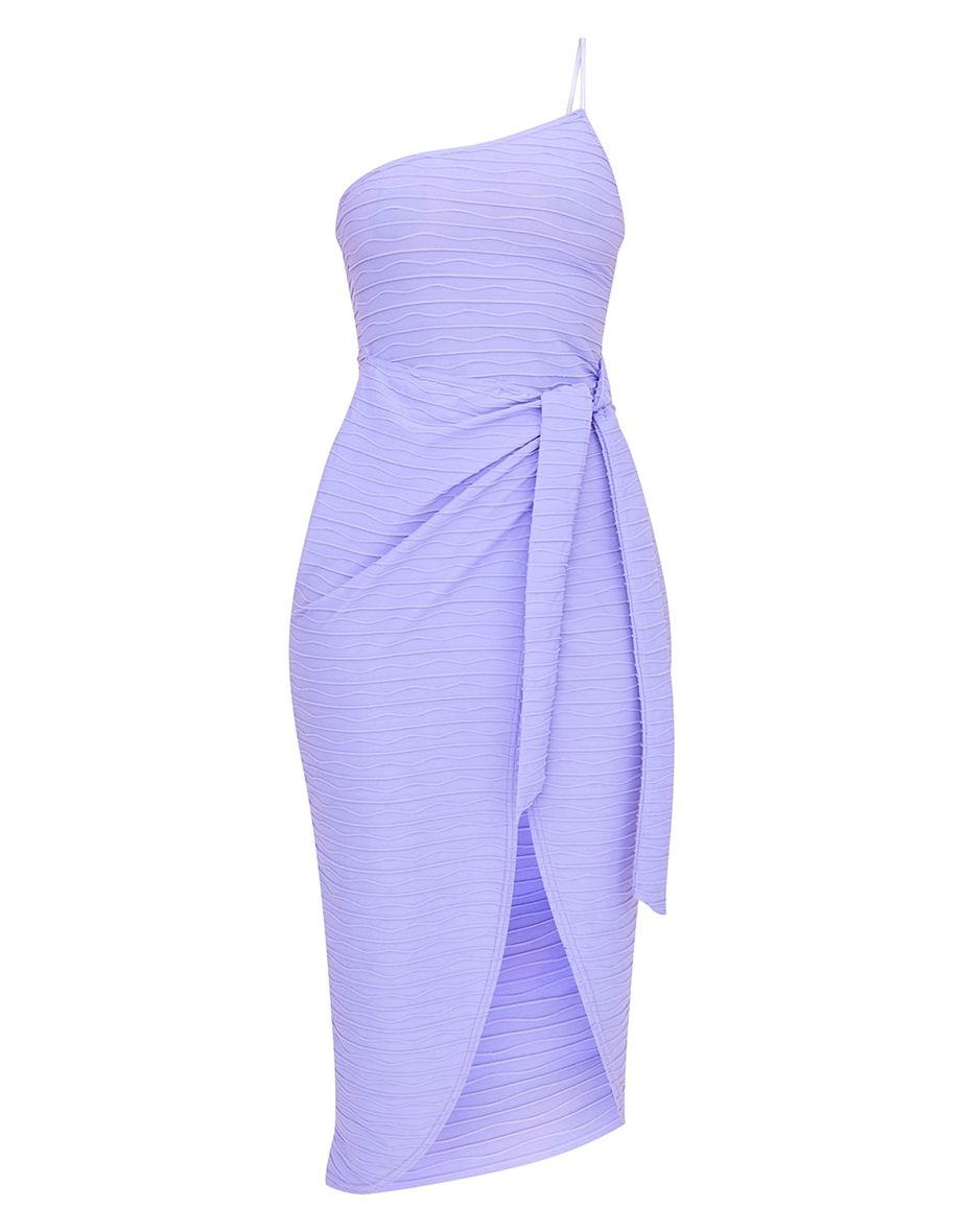 Purple Textured Strappy One Shoulder Wrap Midi Dress - 4
