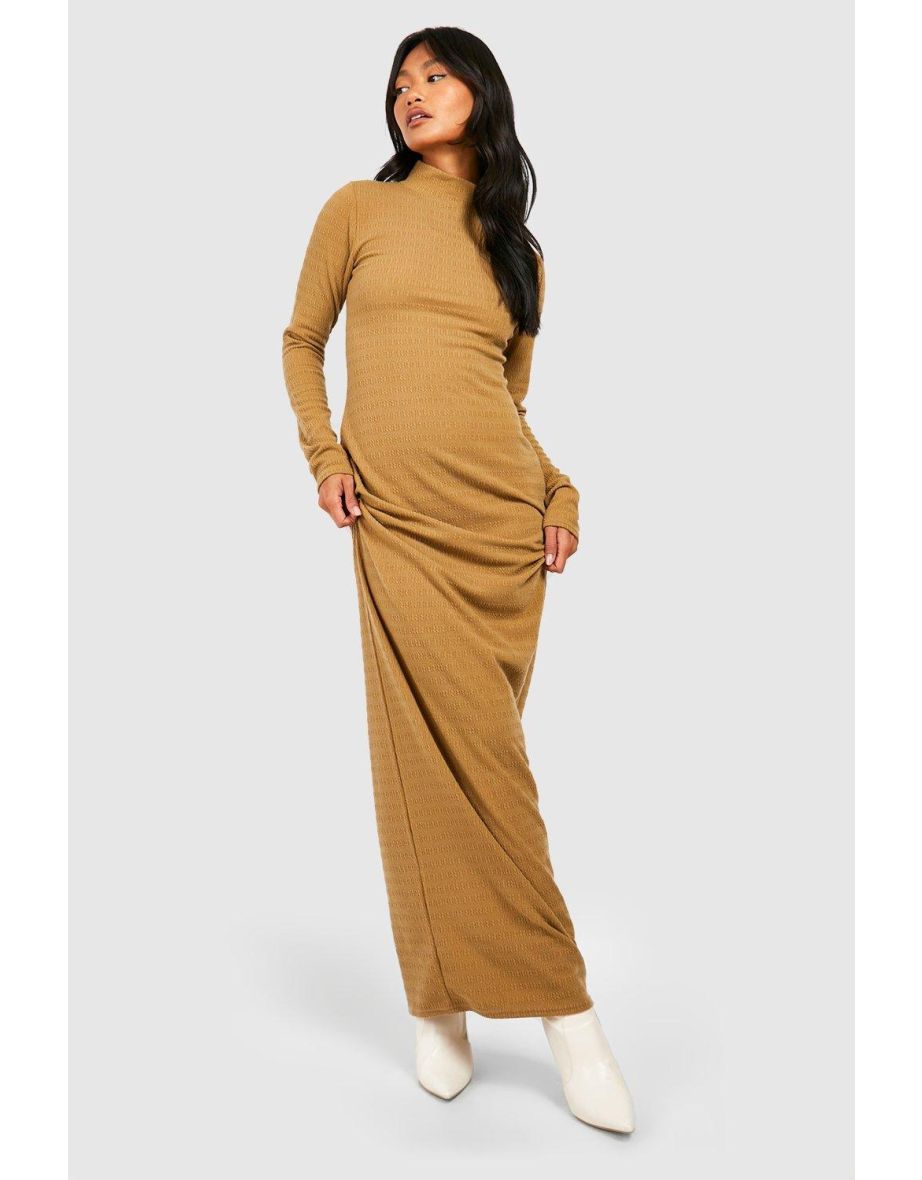 Soft Crinkle Texture High Neck Maxi Dress - camel