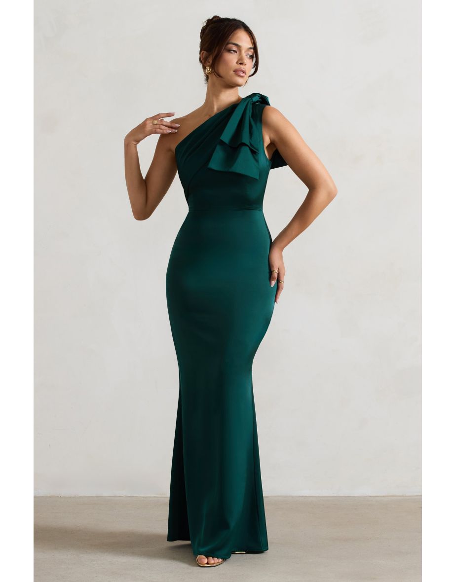Lady | Bottle Green Satin One Shoulder Maxi Dress With Bow