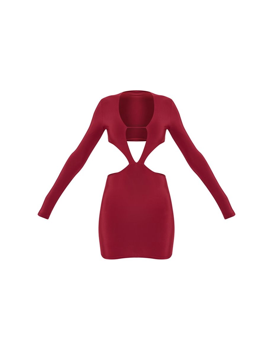 Cherry Red Slinky Cut Out Bust Detail Long Sleeve Bodycon Dress - 4
