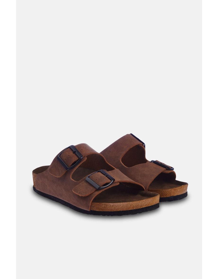Brown Double Buckle Women's Slippers