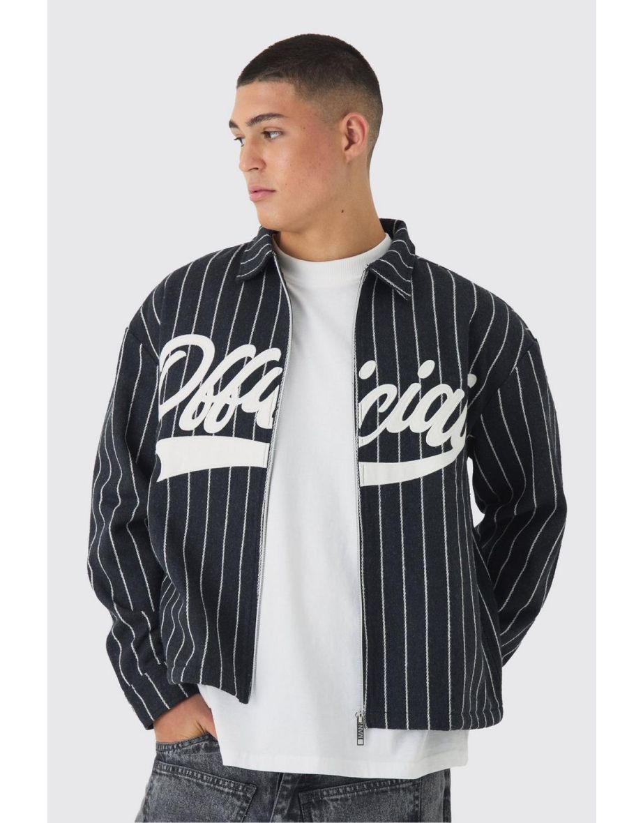 Oversized Pinstripe Applique Collared Overshirt - black