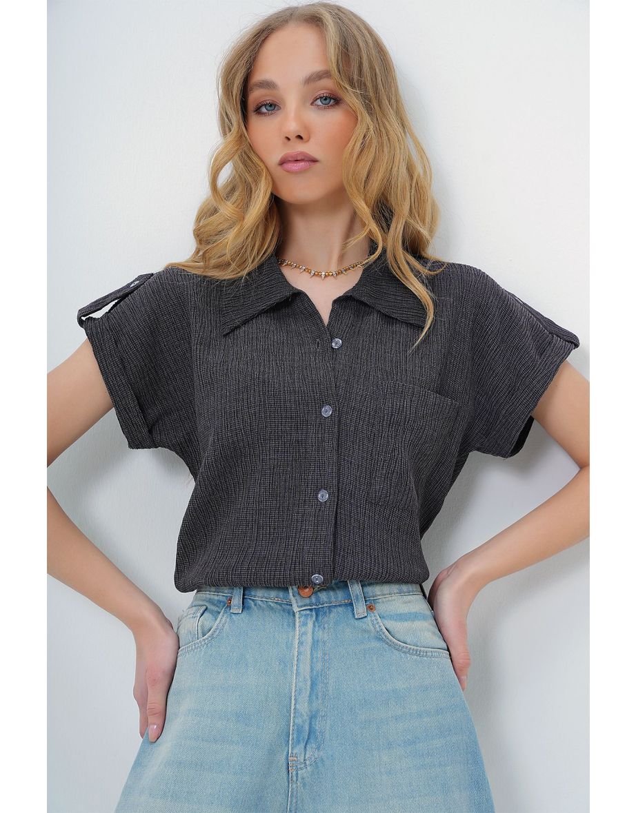 Women's Anthracite Cuffed Double Short Sleeve Textured Shirt