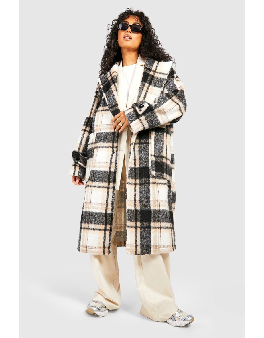 Check Cuff Detail Oversized Wool Look Jacket - off white