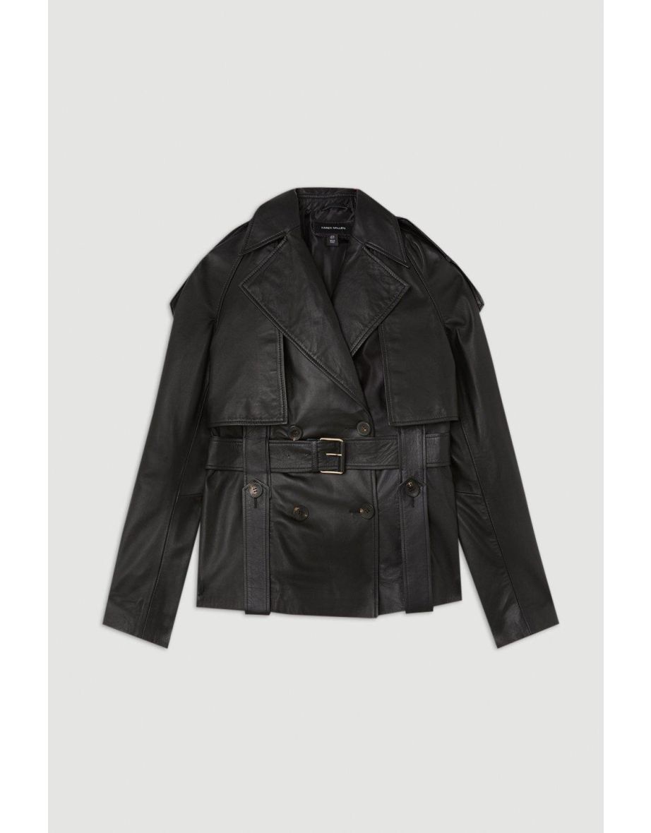 Leather Short Belted Trench Coat - 3