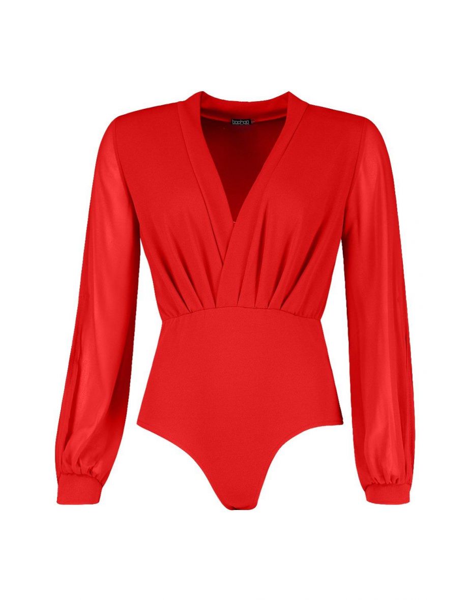 Wrap Chiffon Split Sleeve Bodysuit - red - 2