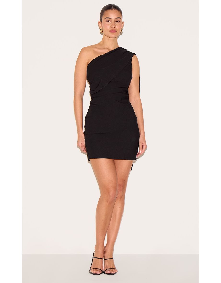 Black Woven Drape Shoulder Mini Dress