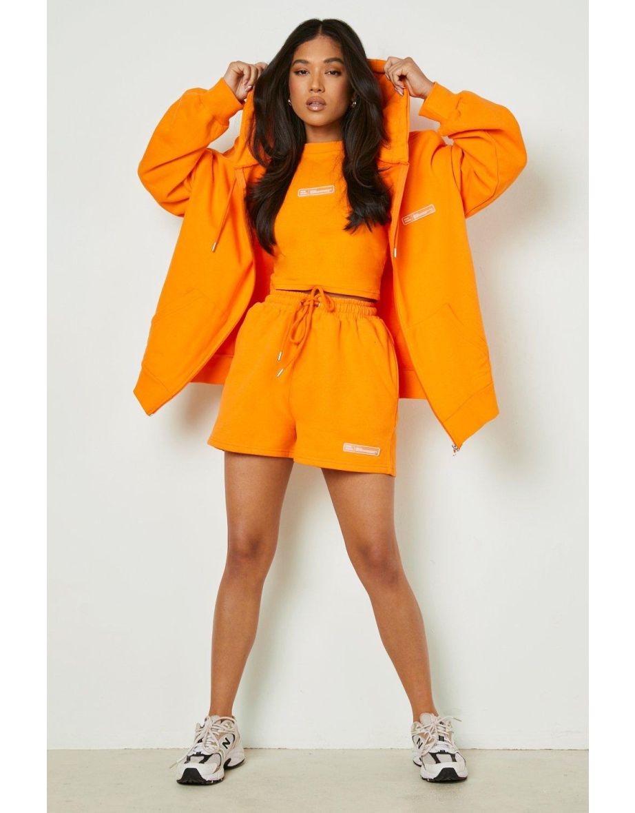 Petite 3 Piece Racer Crop Top Short Tracksuit - orange