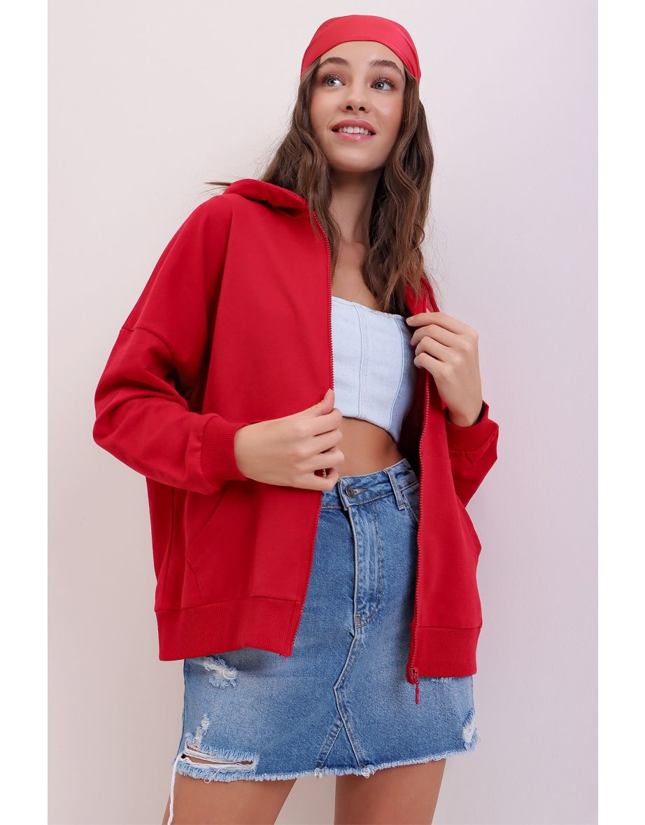 Women's Red Hooded Seasonal Sweatshirt with Two Pockets and Zipper