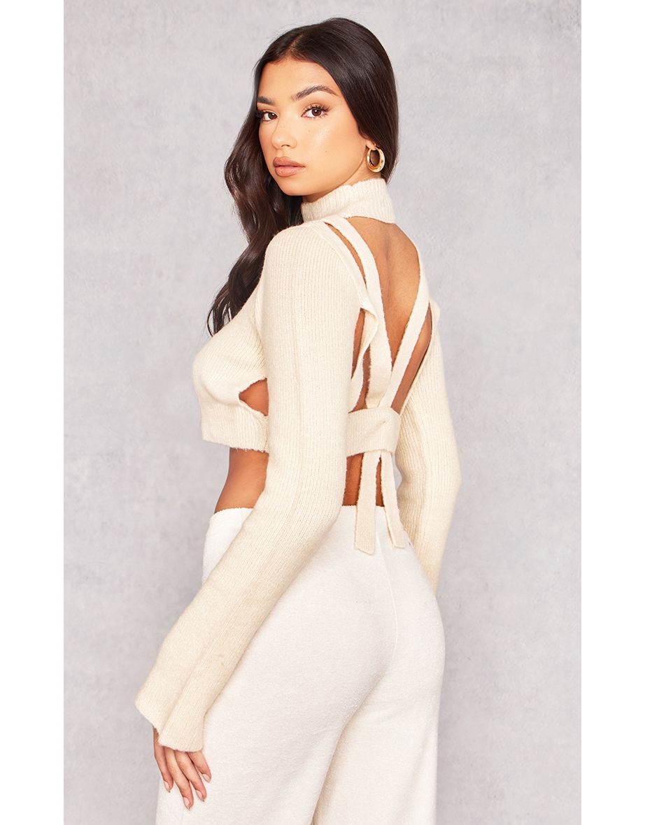 Cream Rib Knit Open Back Cropped Jumper