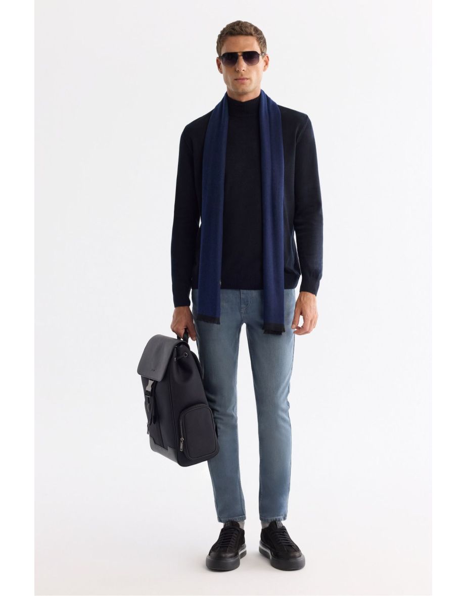 Navy Blue Unisex Knitwear Sweater Half Turtleneck Non-Pilling Standard Fit Regular Cut