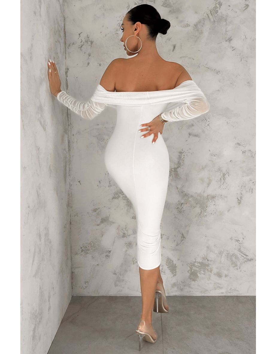 White Ruched Mesh Bardot Midi Dress - 2