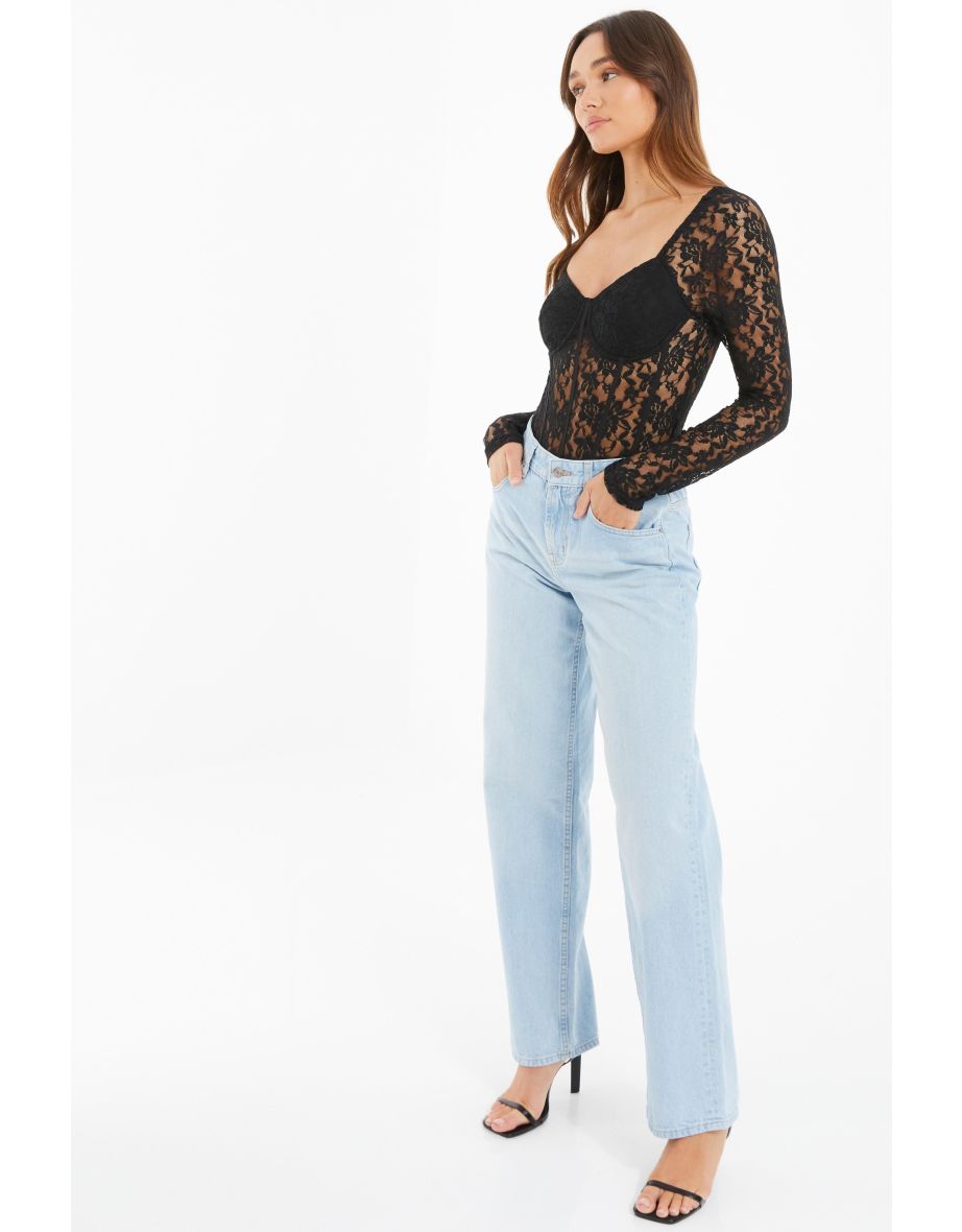 Black Lace Corset Long Sleeve Bodysuit