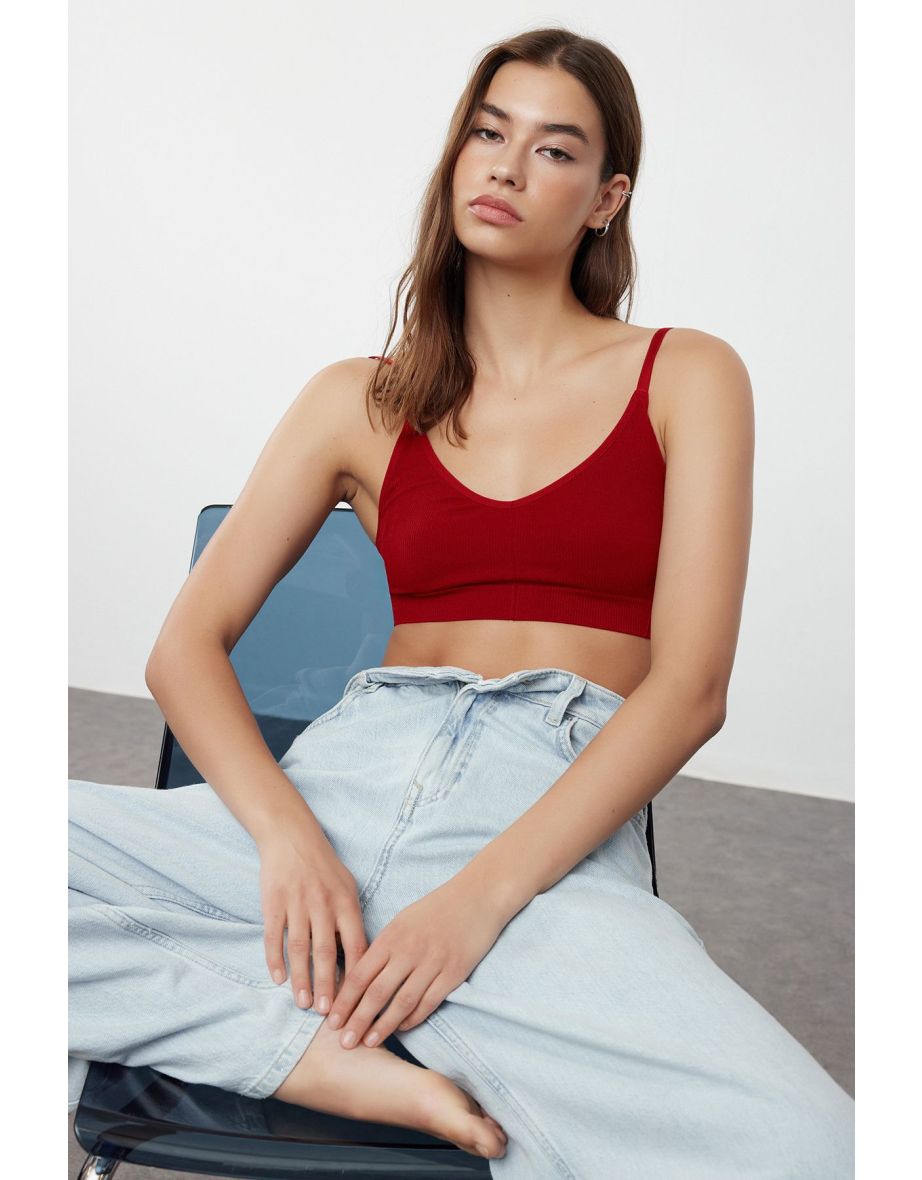 Red Seamless Rope Strapless Bralette Knitted Bra - 5