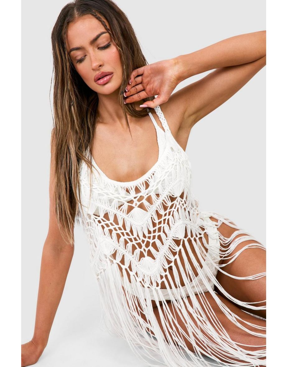 Crochet Tassel Hem Beach Cover-up Dress - white - 3