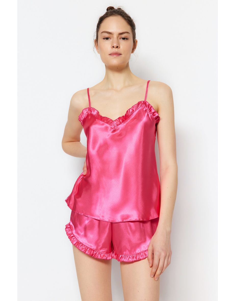 Fuchsia Frilly Satin Singlet-Shorts, Woven Pajamas Set