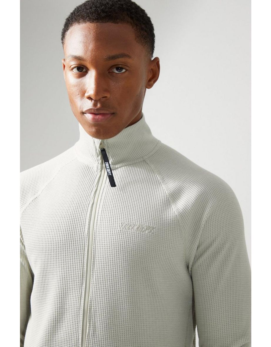 Active Muscle Fit Funnel Neck Waffle Track Top - stone - 2