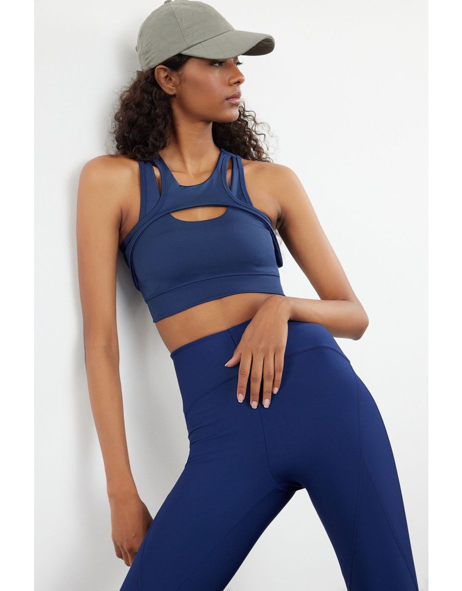 Dark Navy Blue Supported/Shaping Halter Neck Knitted Sports Bra