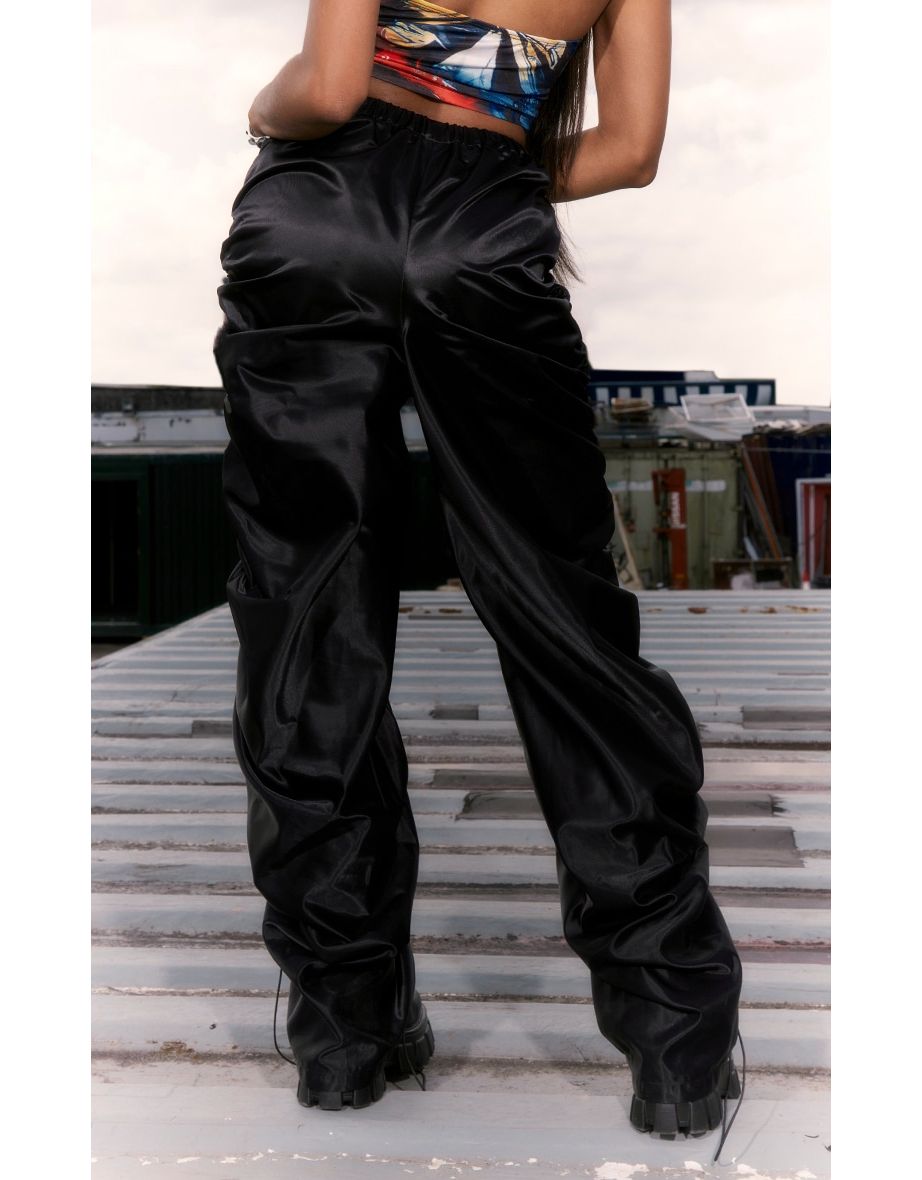 Black Satin Extreme Ruched Detail Cargo Trousers - 1