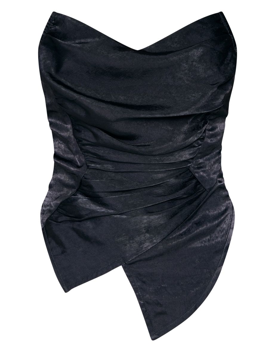 Black Hammered Satin Asymmetric Pointed Hem Corset - 4