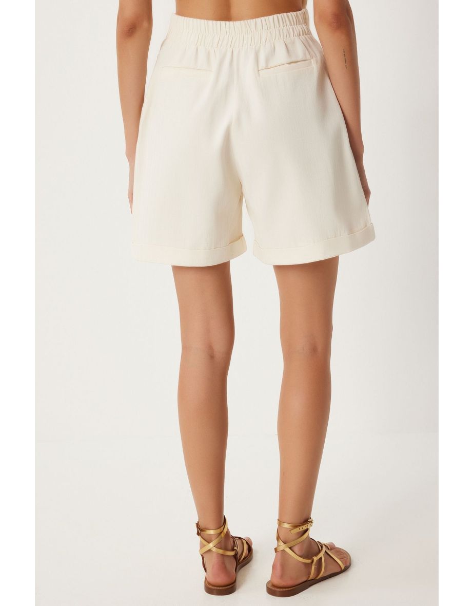 Women's Cream Linen Vest Shorts Set - 7