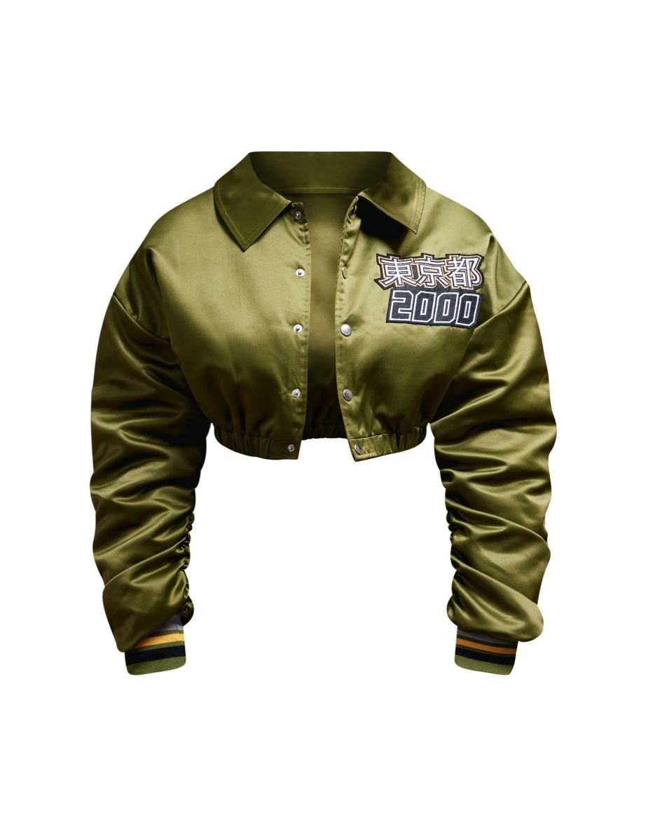 Green Oriental Slogan Satin Cropped Bomber Jacket - 4