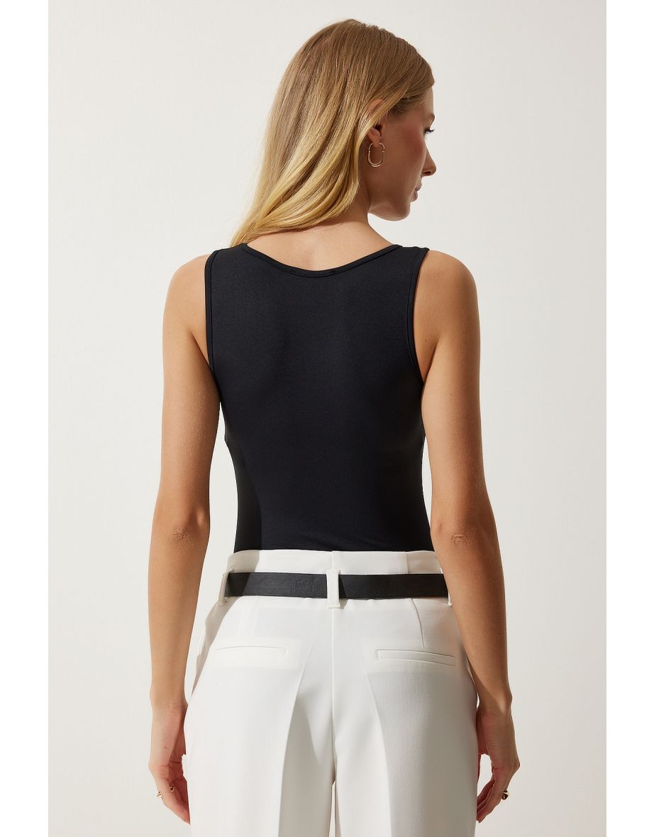 Women's Black Sleeveless Snap-On Knitted Top - 6