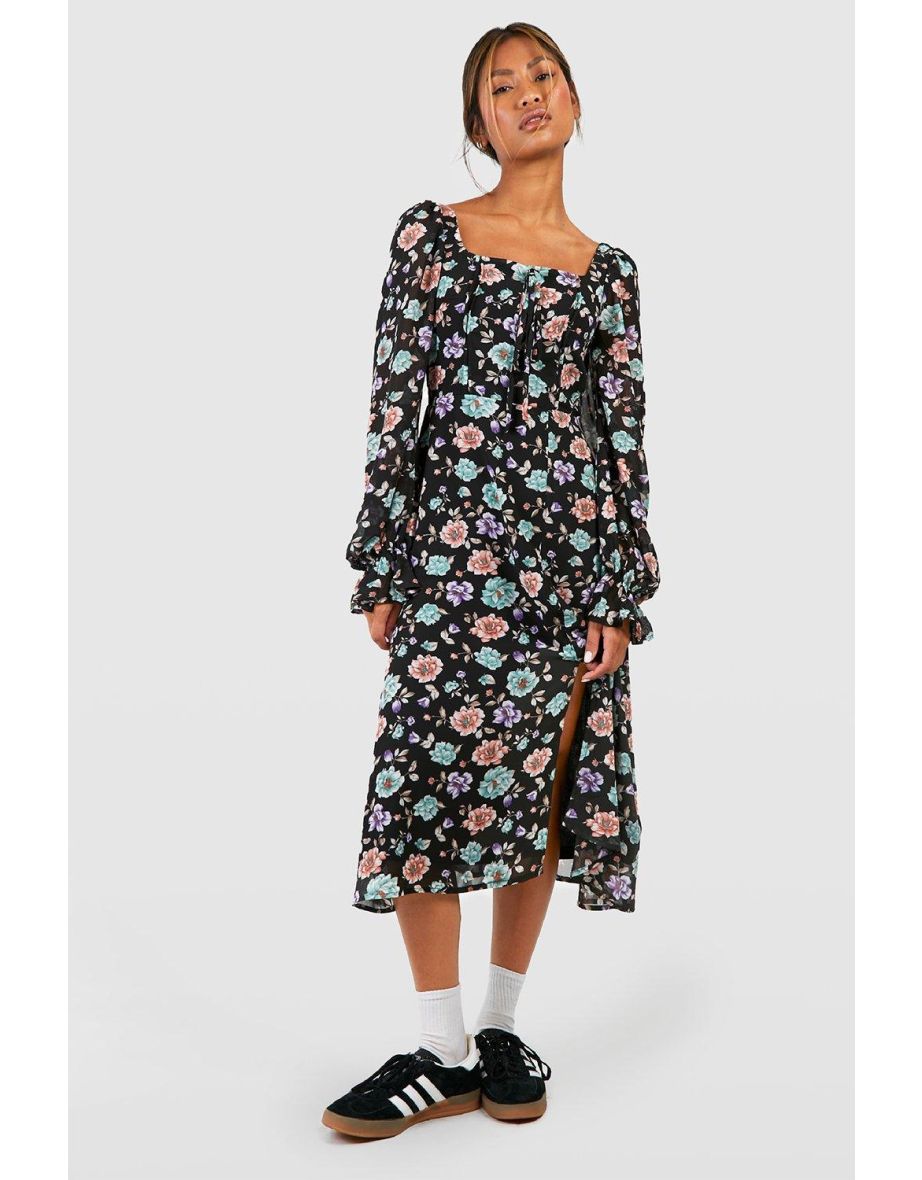 Floral Blosuon Sleeve Midi Milkmaid Dress - black