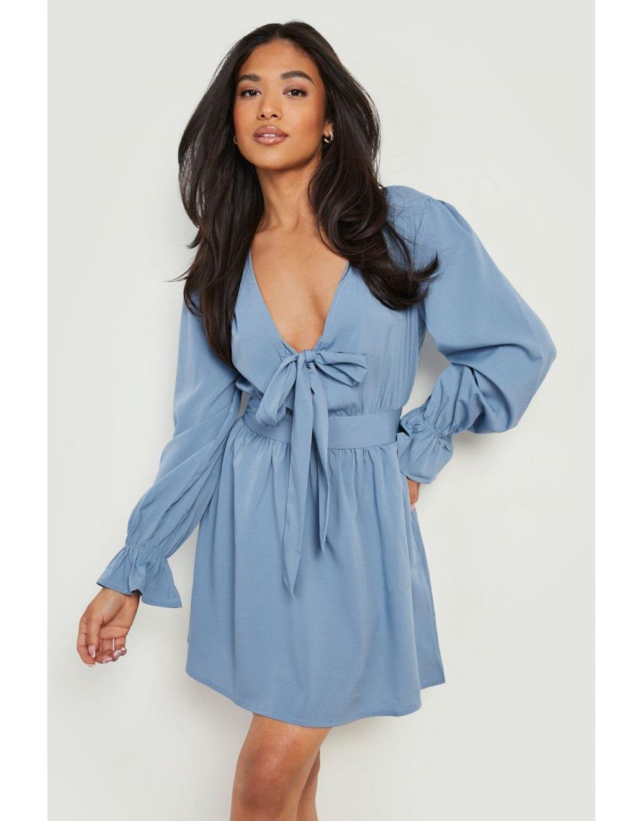 Petite Tie Front Woven Skater Dress - blue