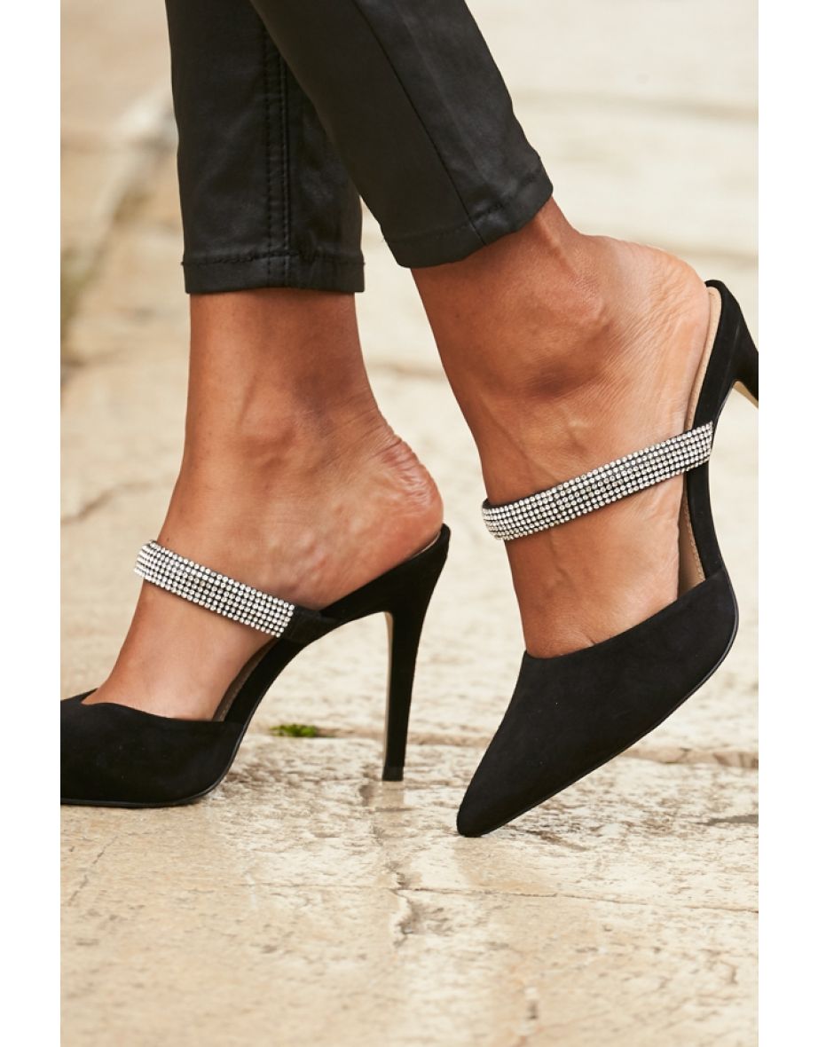 Sofia Black Suede Diamante Strap Pointed Toe Mule - 4