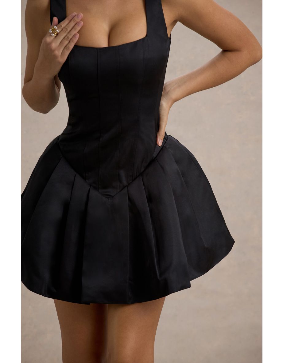 Bramble | Black Satin Square-Neck Puffball Mini Dress - 6