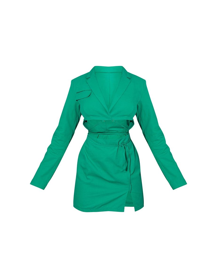 Green Woven Cut Out Tie Waist Utility Style Blazer Bodycon Dress - 4