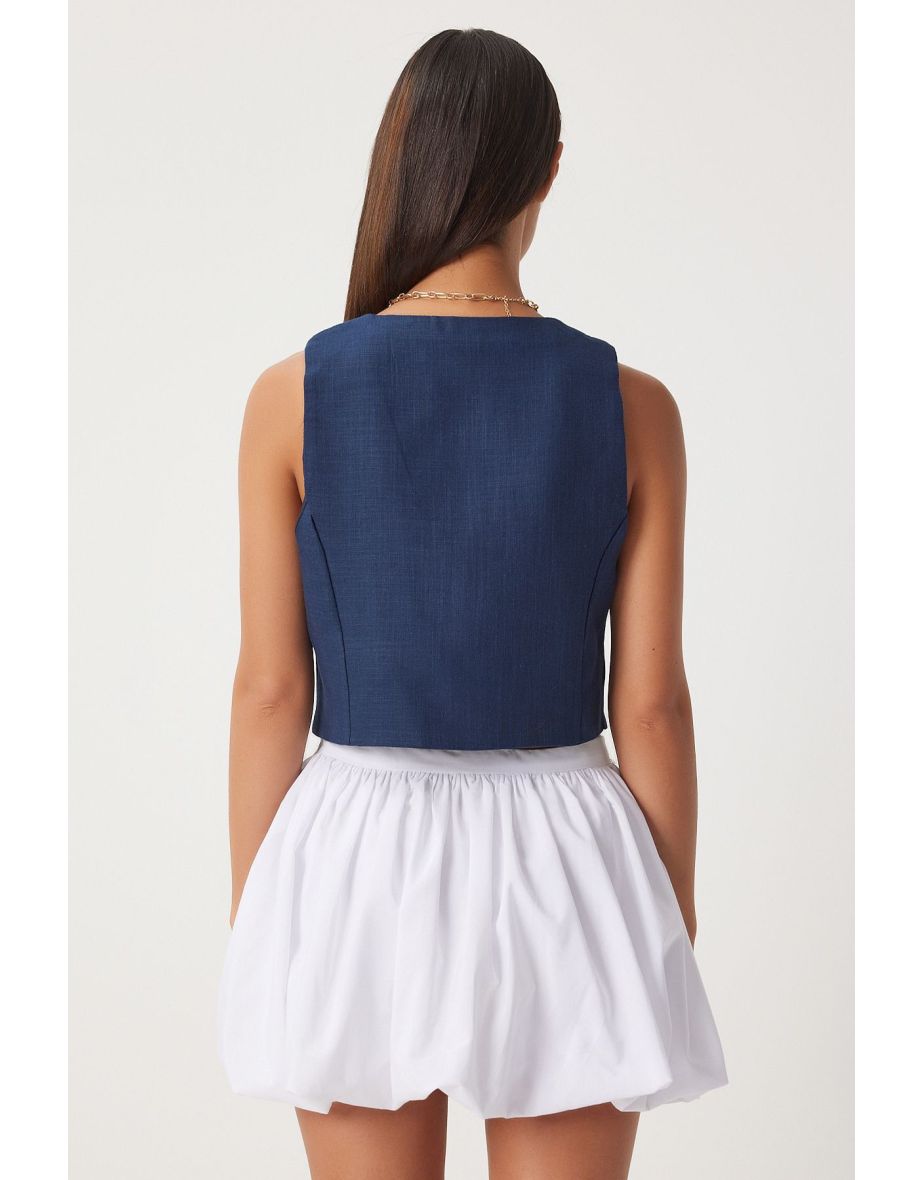 Women's Navy Blue Linen Short Waistcoat - 3
