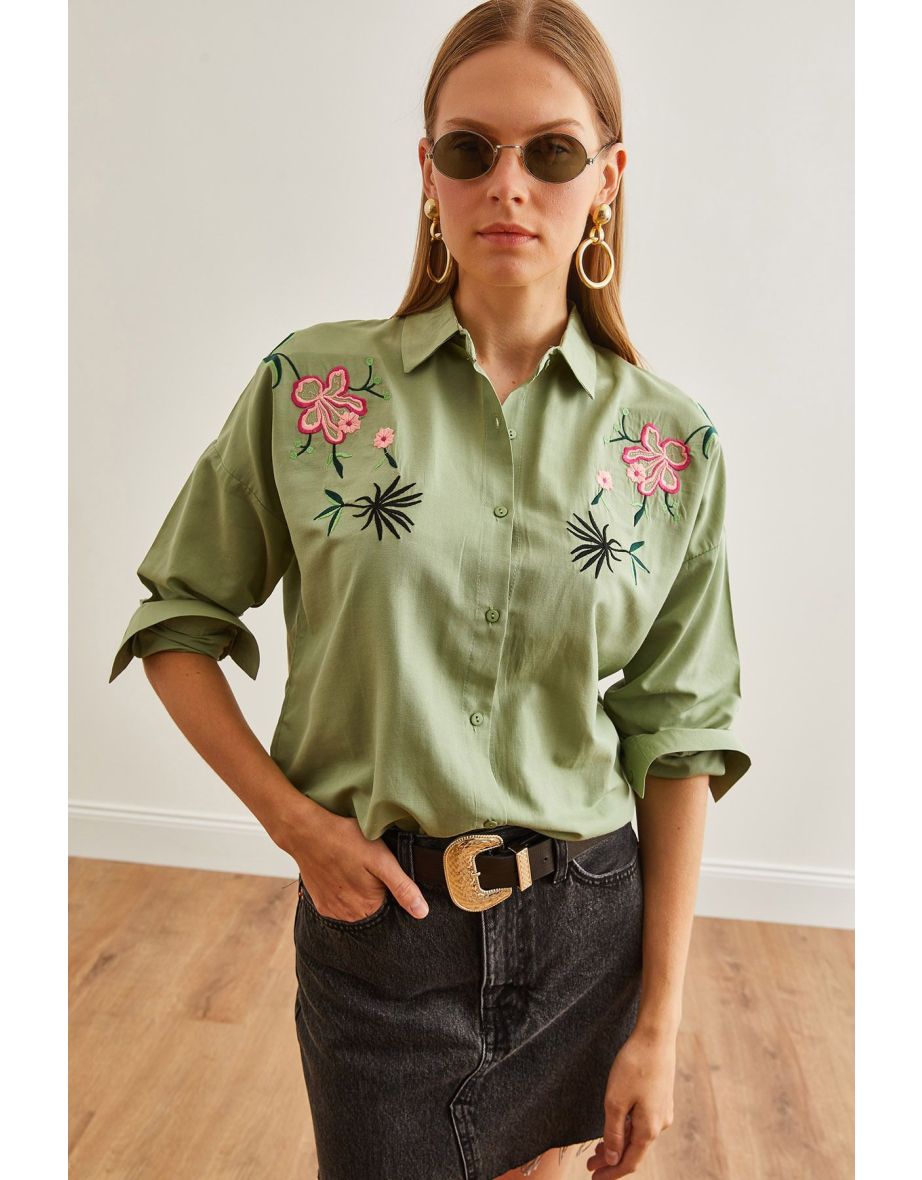 Women's Lilium Mold Green Embroidery Detailed Oversize Woven Shirt - 6
