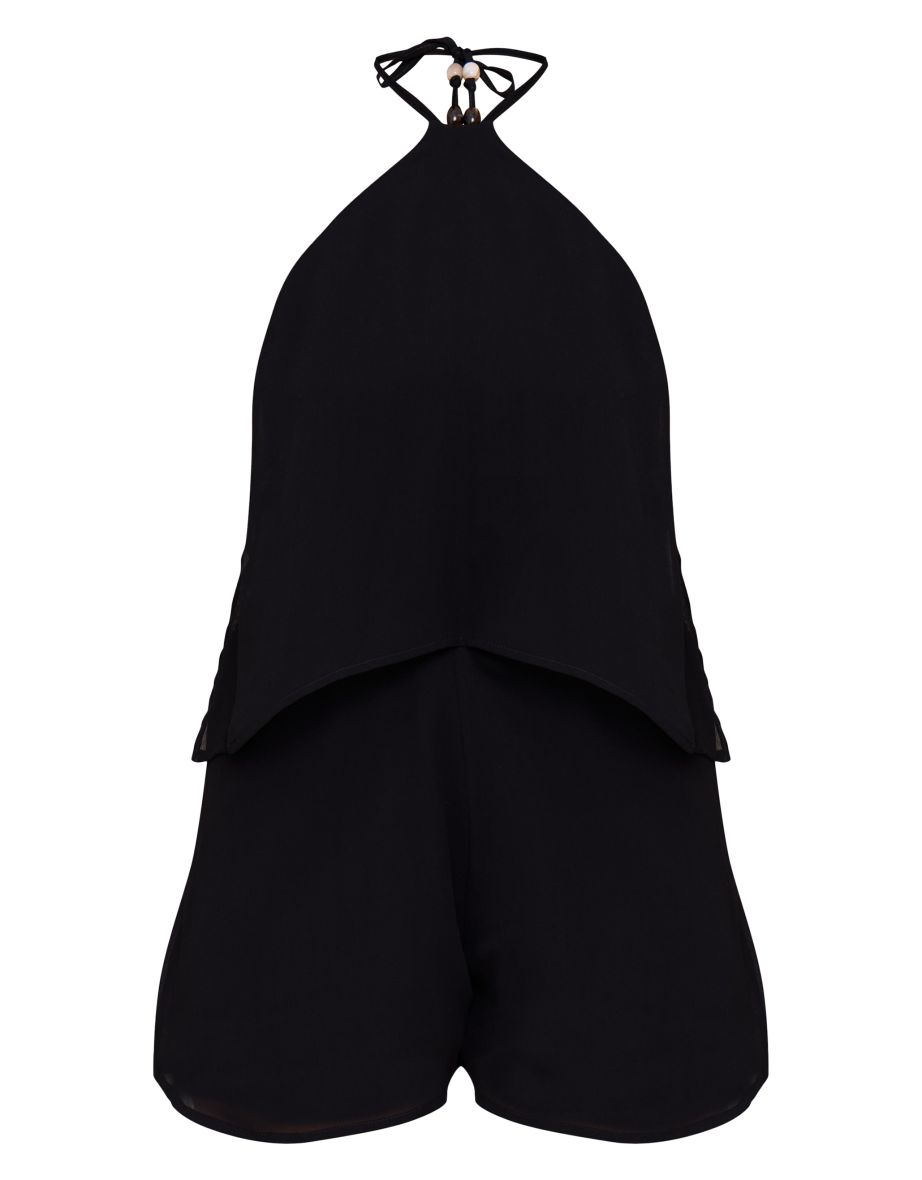 Black Chiffon Backless Bead Detail Floaty Playsuit - 4