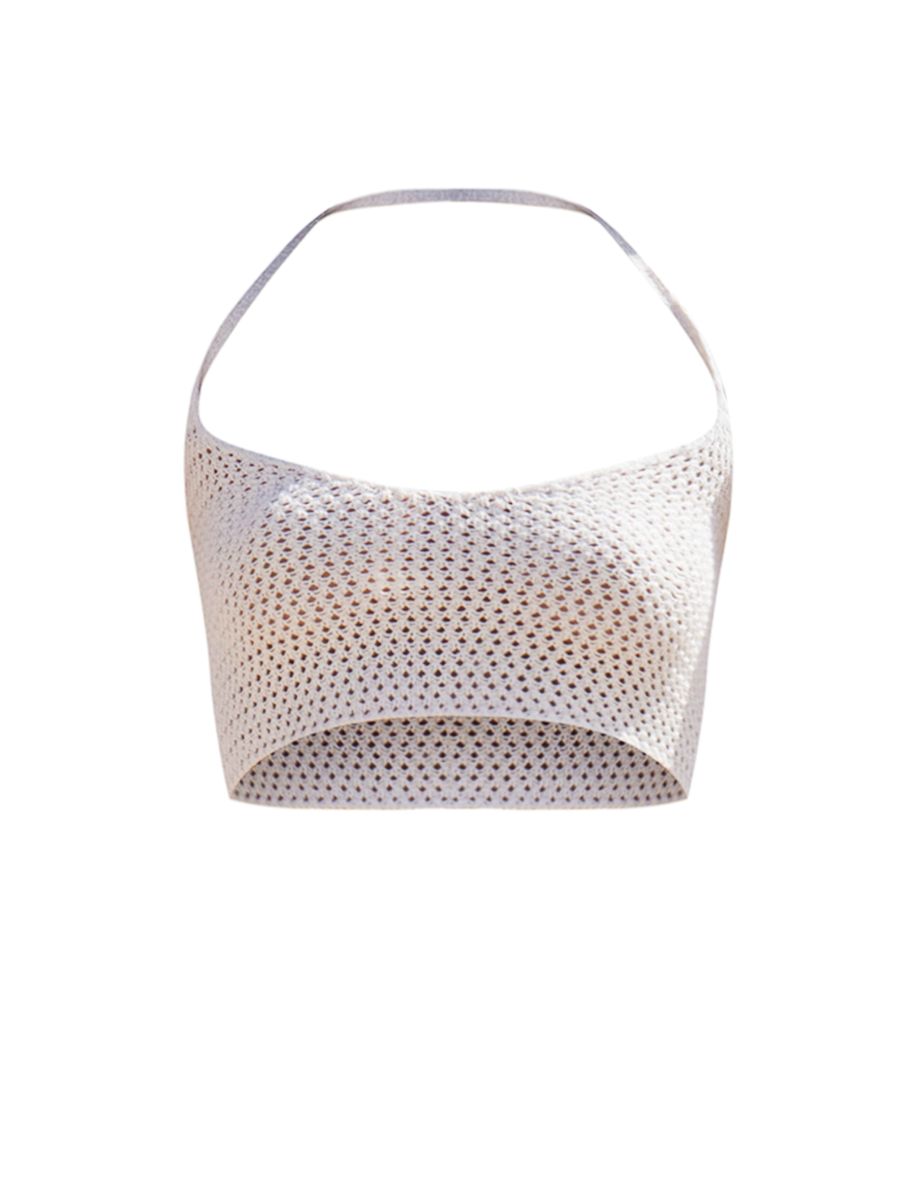 Cream Crochet Plain Knit Halterneck Crop Top - 4