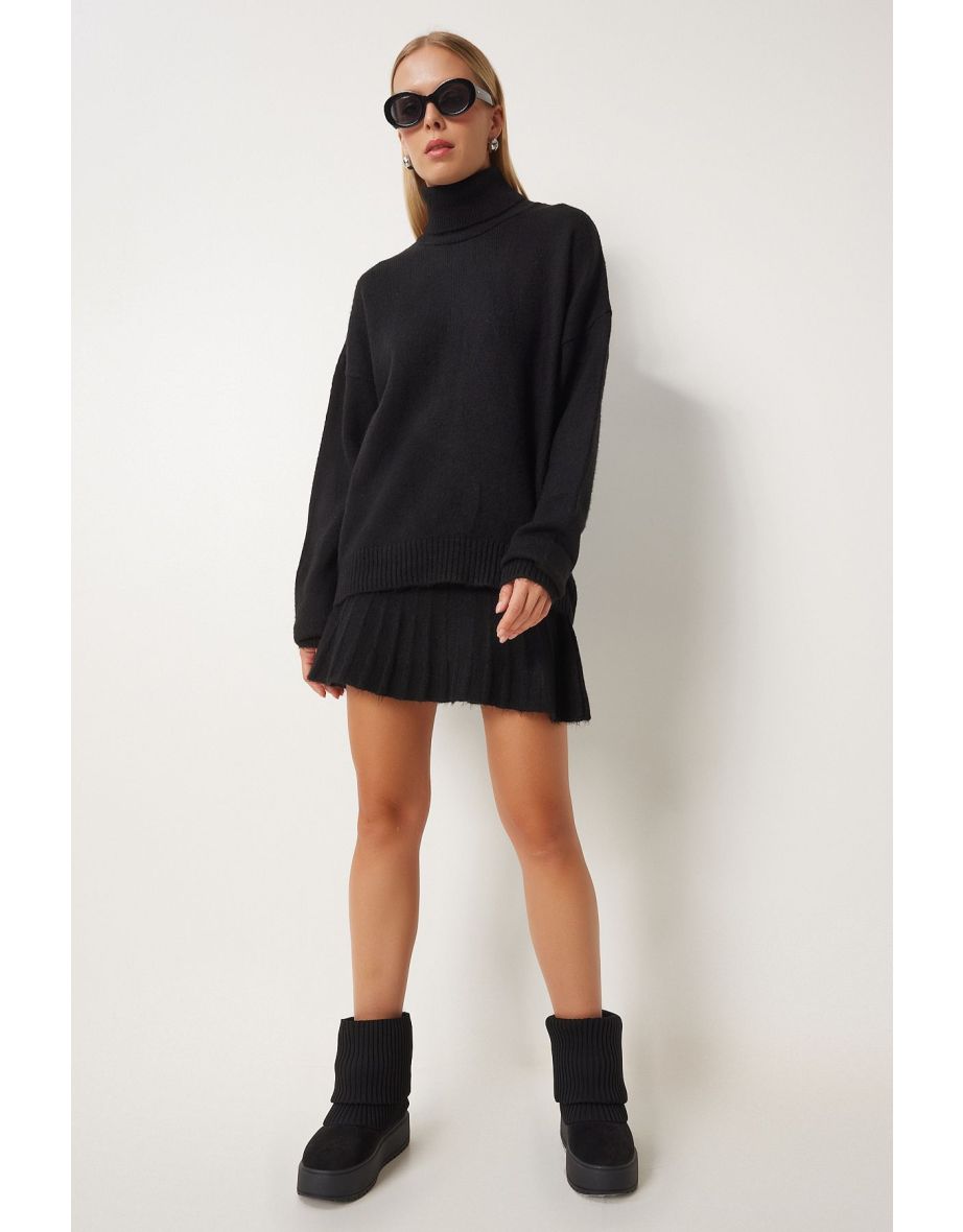 Women's Black Turtleneck Knitwear Sweater Skirt Set