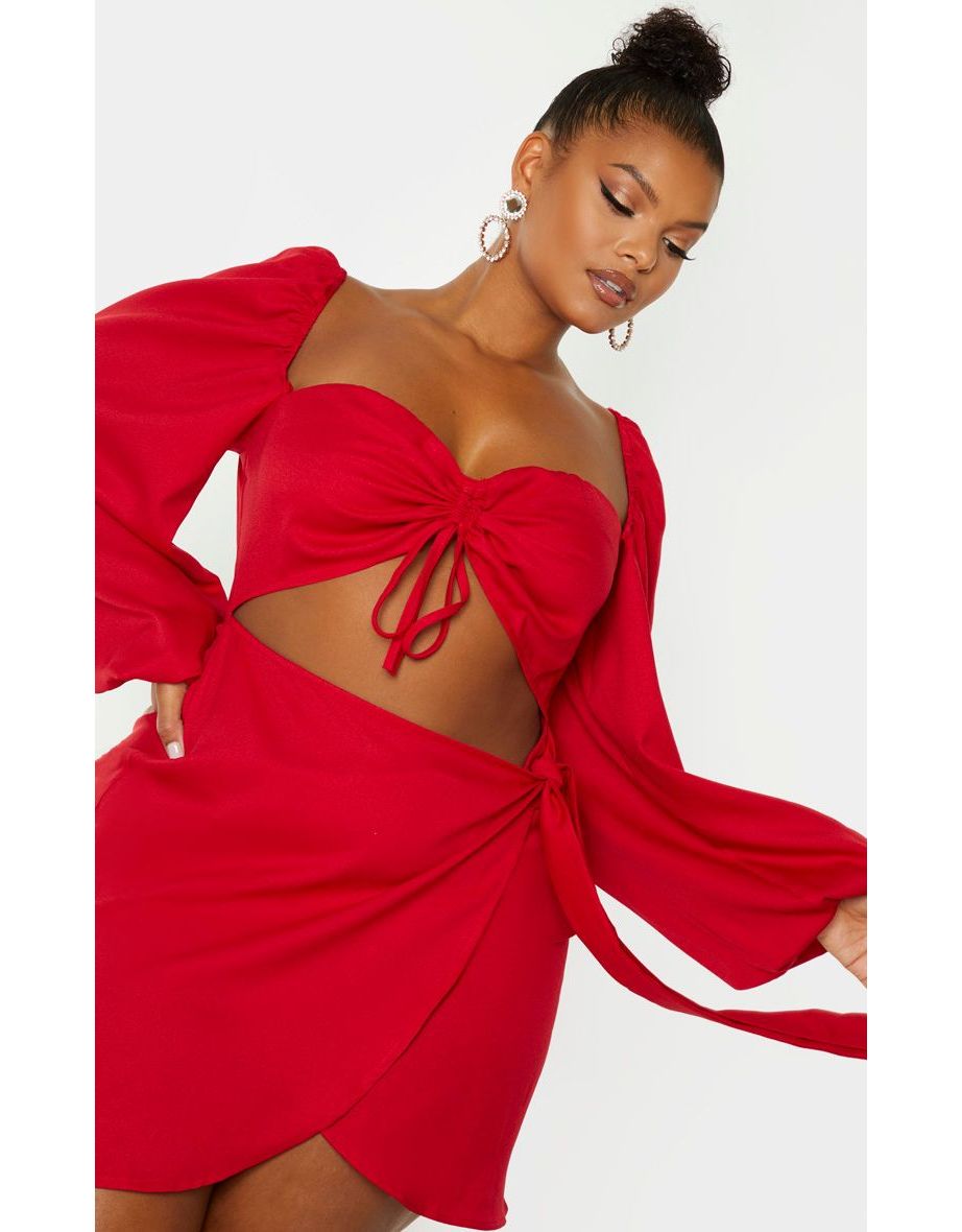 Plus Red  Ruched Cut Out Bodycon Dress - 4