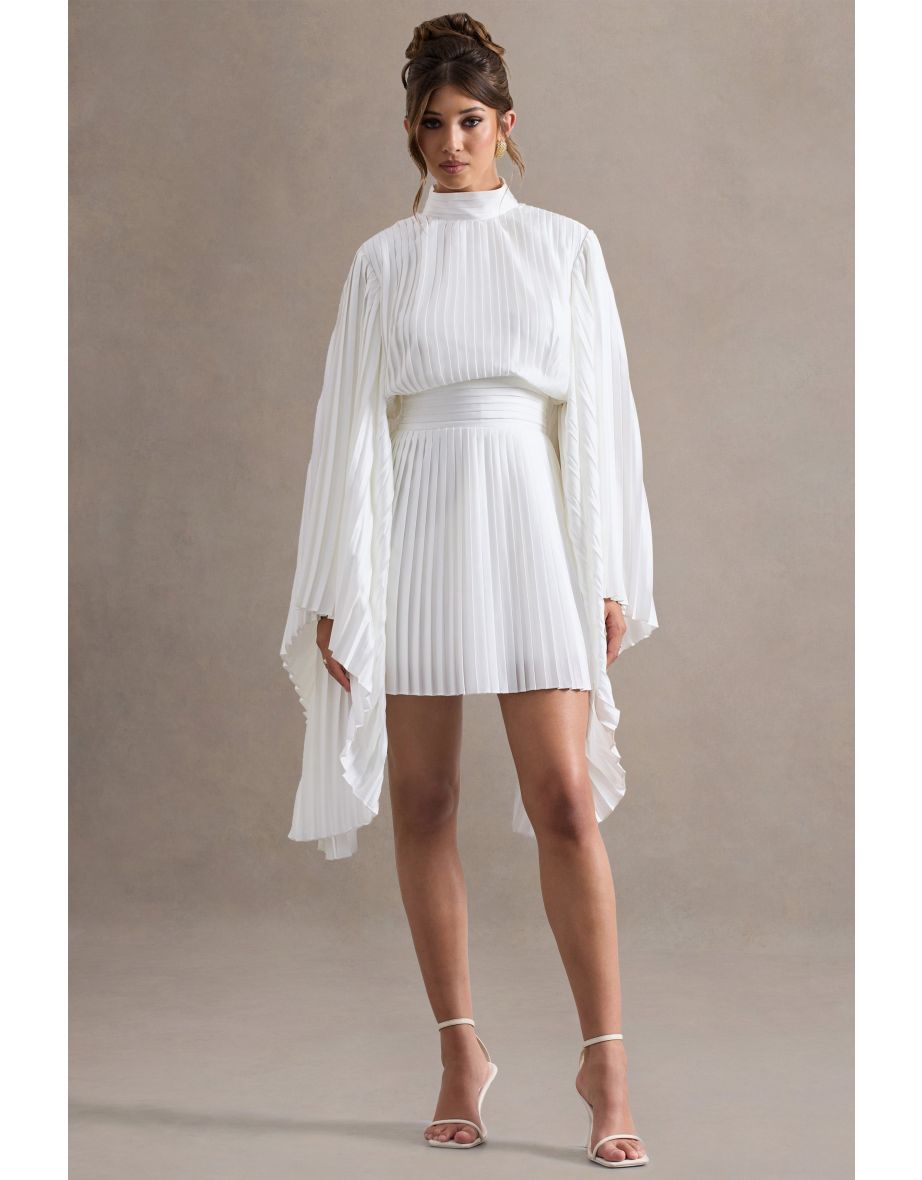 Charity | White Pleated High-Neck Skater Mini Dress With Cape Sleeves