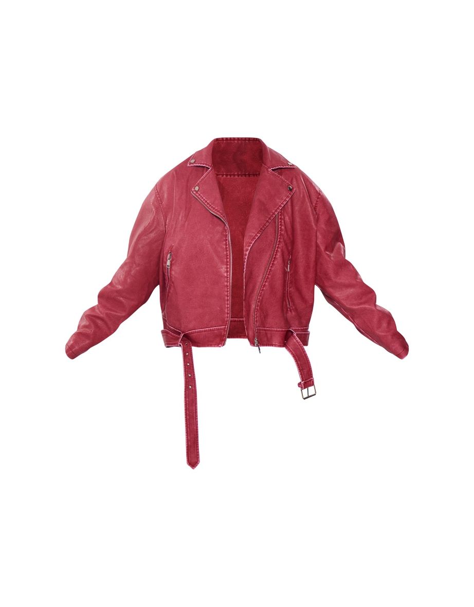 Plus Cherry Red Vintage Faux Leather Oversized Zip Up Biker Jacket - 4