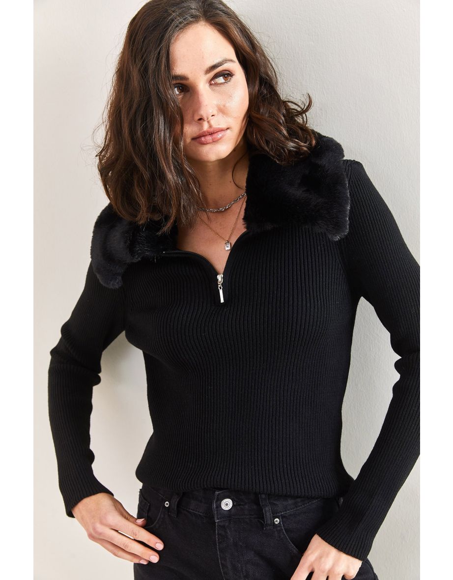 Women's Collar Shearling Fur, Zippered Knitwear Sweater - 7