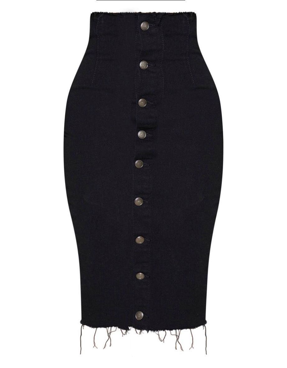 Shape Black Button Front Seam Detail Denim Midi Skirt - 4