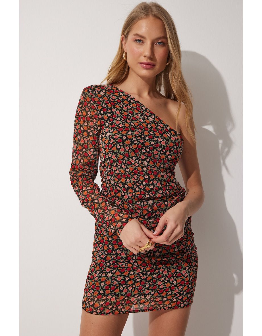 Women's Green Black Floral One-Shoulder Chiffon Dress - 4