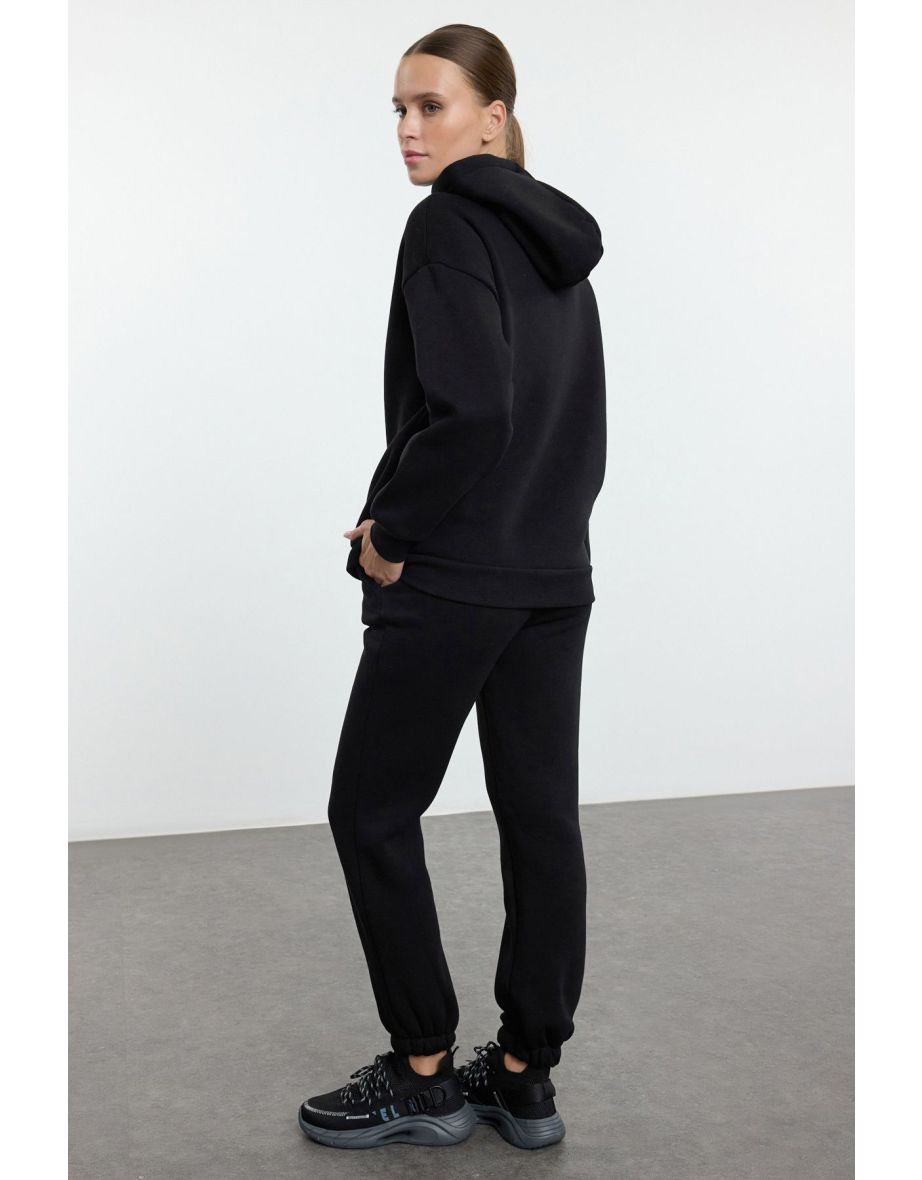 Black Thick Fleece Hooded Oversize/Comfortable Cut Knitted Tracksuit Set - 4