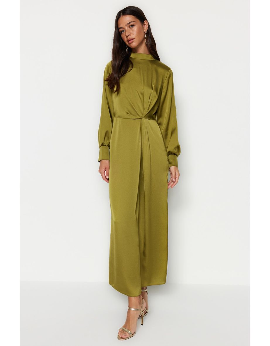 Shop Khaki Evening Dress In Satin With Pleated Waist Online in Oman VogaCloset