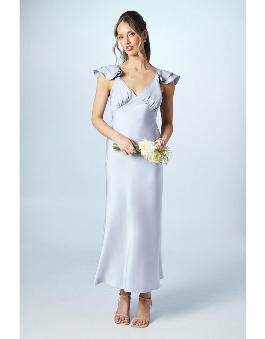 Petite Ruffle Neckline Satin Maxi Bridesmaid Dress