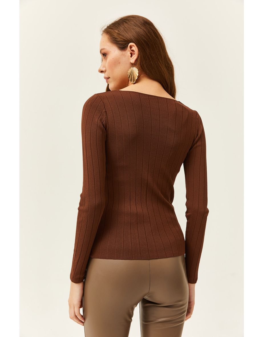 Women's Bitter Brown Square Neck Thick Ribbed Knitwear Blouse - 3