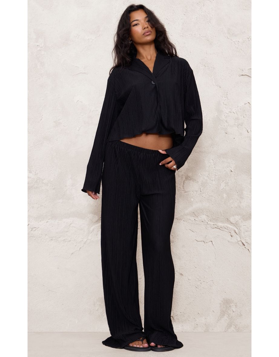 Black Textured Pleated Wide Leg Trousers